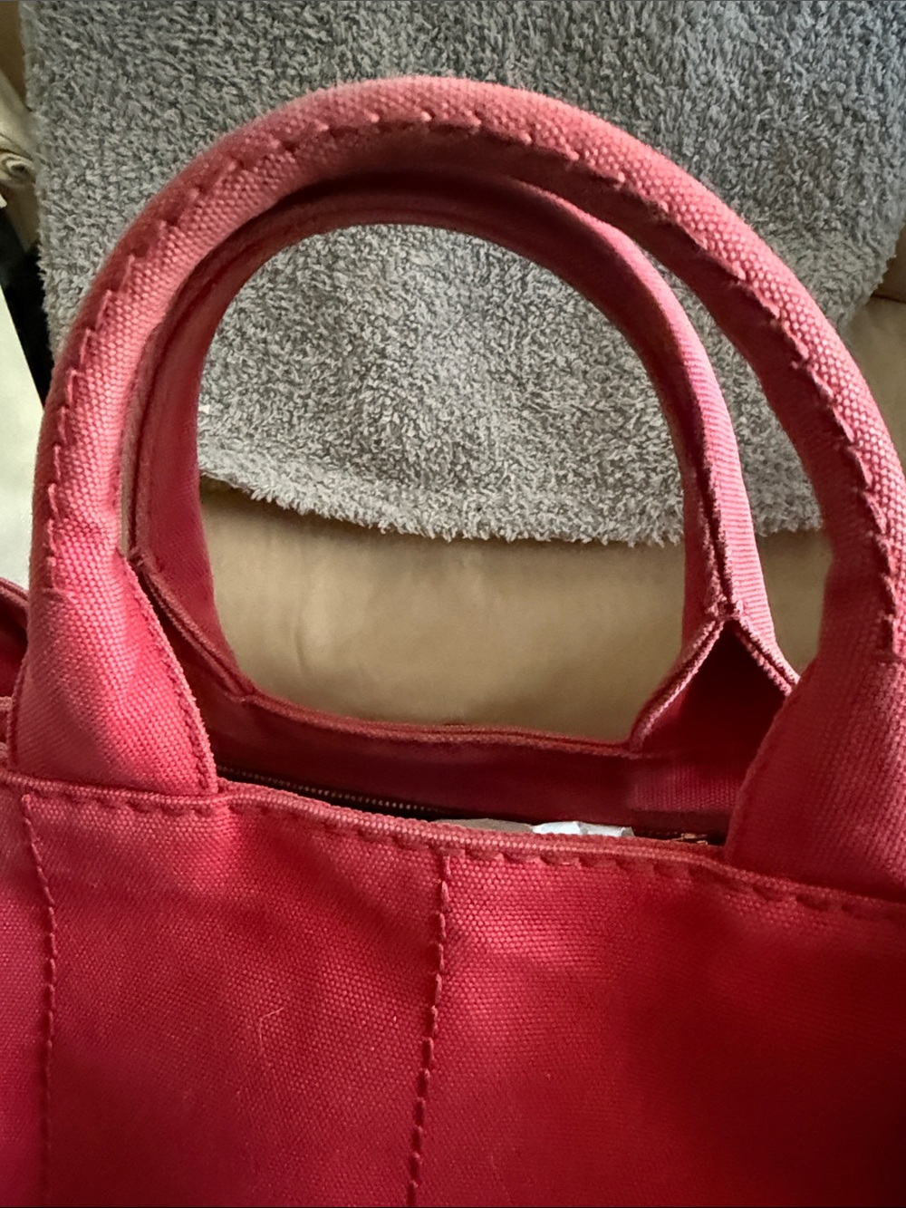 Prada Canapa Pink-Red Canvas Tote with Gold Hardware - Picture 3 of 16
